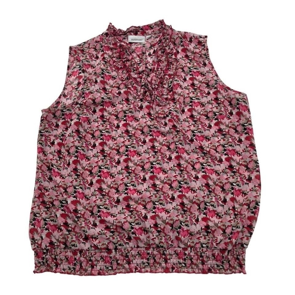 Avenue Blouse Women 18/20 Pink Excellent Floral Ruffle V-Neck Smocked Hem Top